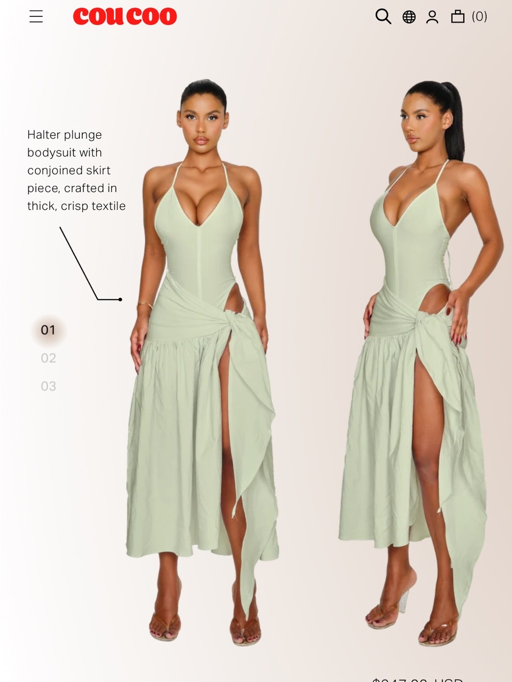 Cou Cou Sage Halter Plunge Maxi Dress with Conjoined Skirt